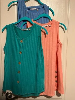 3 Ribbed Tanks Button-Front or side buttons- Teal, Coral & Blue